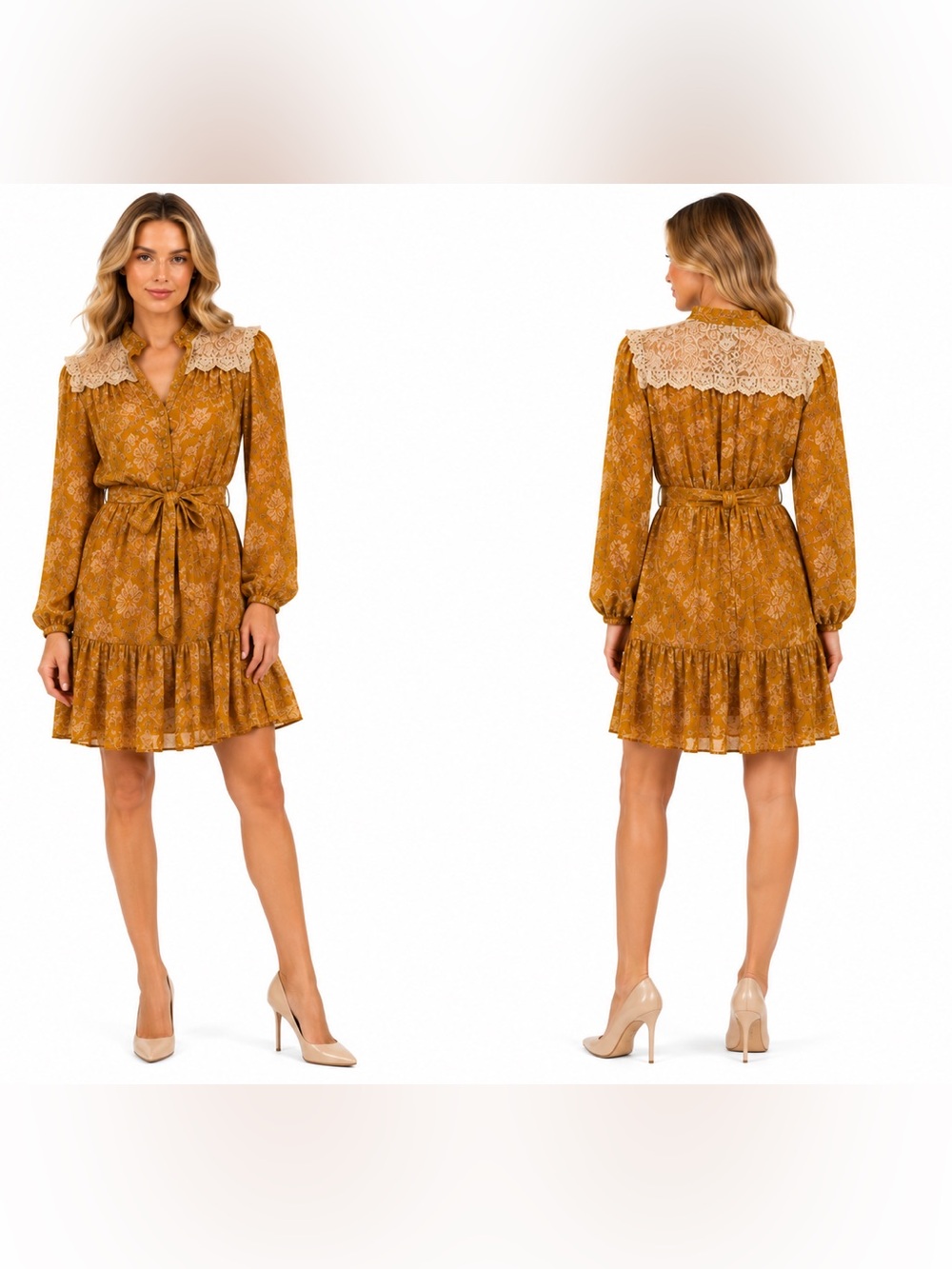 Tahari Floral Mini Dress 12 Mustard Yellow Lace Yoke Long Sleeve Boho Tiered